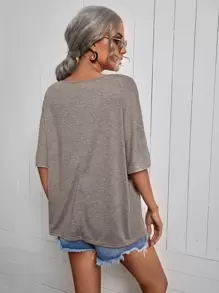 SHEIN Frenchy Solid Batwing Sleeve V-Neck Tee - Grey - View 2