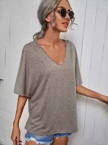 SHEIN Frenchy Solid Batwing Sleeve V-Neck Tee - Grey - View 3