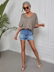 SHEIN Frenchy Solid Batwing Sleeve V-Neck Tee - Grey - View 5