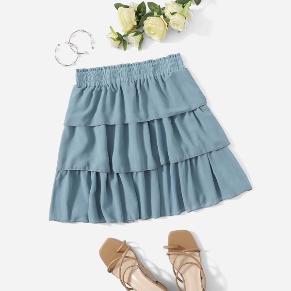 

Shirred Waist Layered Skirt, Dusty blue