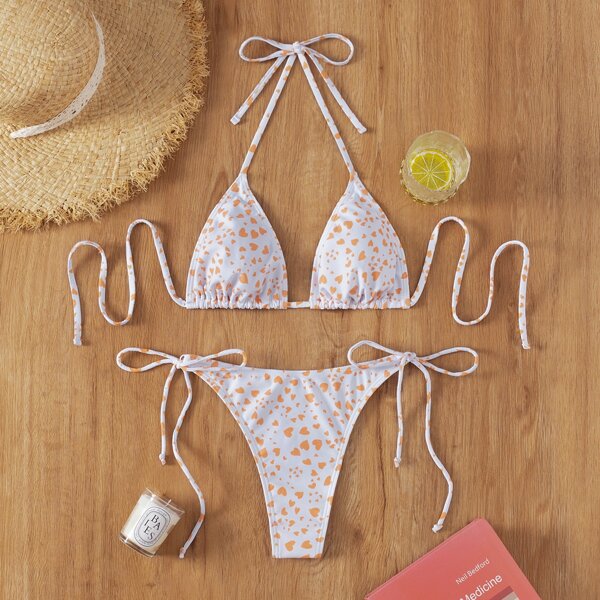 

Allover Heart Print Halter Triangle Bikini Swimsuit, Multicolor