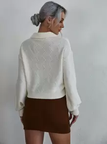 EMERY ROSE 镂空针织水钻彼得潘领落肩毛衣，长袖上衣