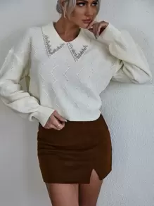 EMERY ROSE 镂空针织水钻彼得潘领落肩毛衣，长袖上衣