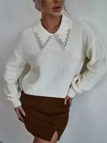 EMERY ROSE 镂空针织水钻彼得潘领落肩毛衣，长袖上衣