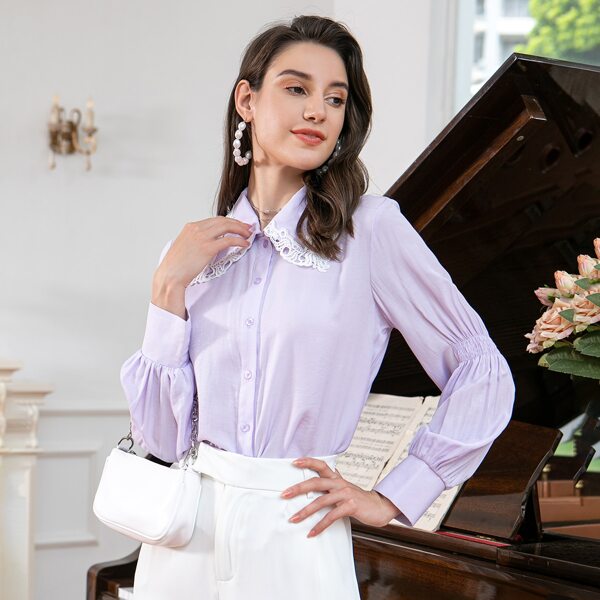 

Solid Lace Trim Gather Sleeve Blouse, Lilac purple