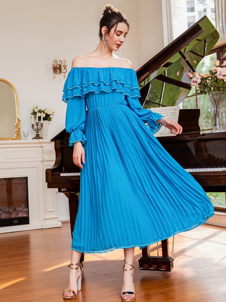 Mulvari Off Shoulder Ruffle Overlay Flounce Sleeve Pleated Hem Chiffon Dress - Blue - View 1