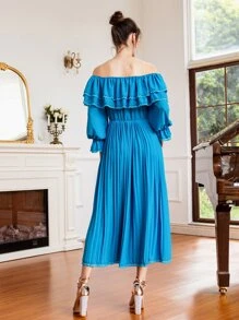 Mulvari Off Shoulder Ruffle Overlay Flounce Sleeve Pleated Hem Chiffon Dress - Blue - View 2
