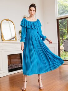 Mulvari Off Shoulder Ruffle Overlay Flounce Sleeve Pleated Hem Chiffon Dress - Blue - View 3