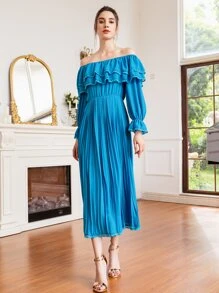 Mulvari Off Shoulder Ruffle Overlay Flounce Sleeve Pleated Hem Chiffon Dress - Blue - View 4