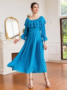Mulvari Off Shoulder Ruffle Overlay Flounce Sleeve Pleated Hem Chiffon Dress - Blue - View 5