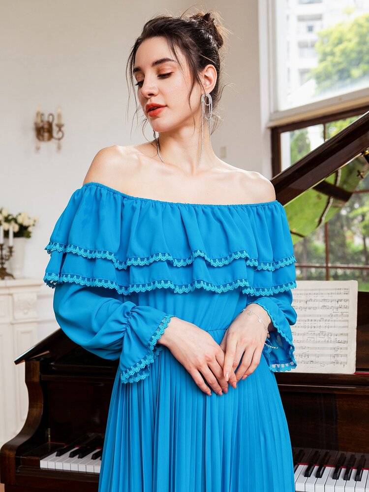Mulvari Off Shoulder Ruffle Overlay Flounce Sleeve Pleated Hem Chiffon Dress - Blue - View 6