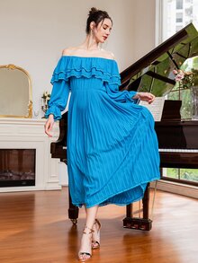 Mulvari Off Shoulder Ruffle Overlay Flounce Sleeve Pleated Hem Chiffon Dress - Blue - View 7