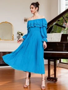 Mulvari Off Shoulder Ruffle Overlay Flounce Sleeve Pleated Hem Chiffon Dress - Blue - View 8
