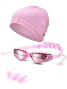 4pcs Anti-Fog Swimming Goggles With Silicone Swim Cap Set, Beach Essentials, Beach Accessories, Pool Float - Pink - View 1