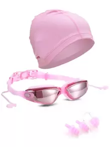 4pcs Anti-Fog Swimming Goggles With Silicone Swim Cap Set, Beach Essentials, Beach Accessories, Pool Float - Pink - View 2