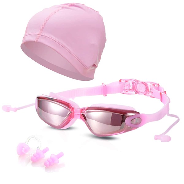 

4pcs Anti-fog Swimming Goggles With Silicone Swim Cap Set, Pink