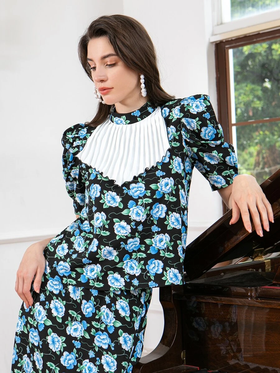 Modelyn 滿版印花後鎖孔泡泡袖襯衫 - 彩色 - 查看 1