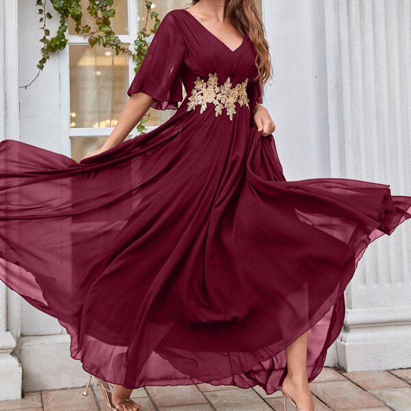 

Floral Embroidered V-back Flowy Maxi Dress, Burgundy