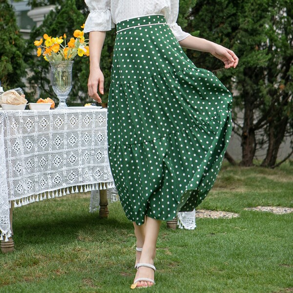 

Polka Dot Ruffle Hem Skirt, Green