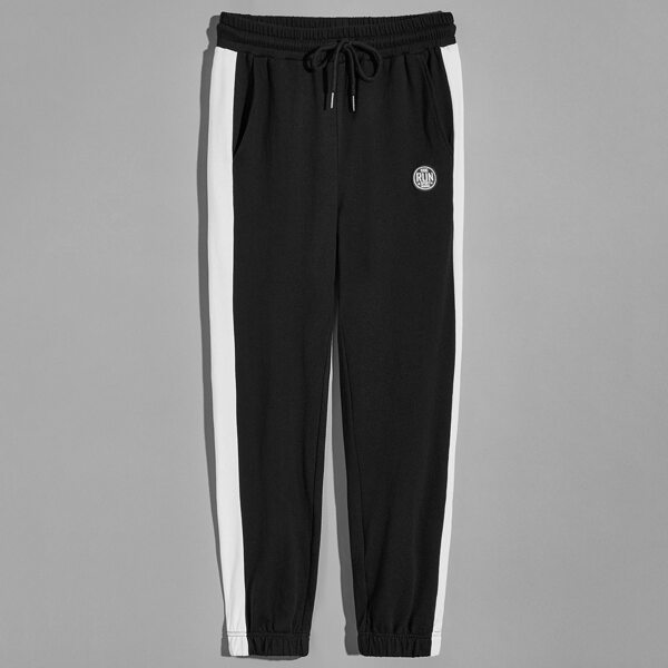 

Men Patch Detail Contrast Side Seam Drawstring Waist Sweatpants, Black and white