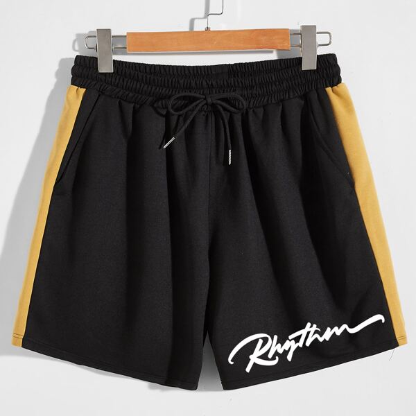 

Men Colorblock Letter Graphic Drawstring Waist Shorts, Black