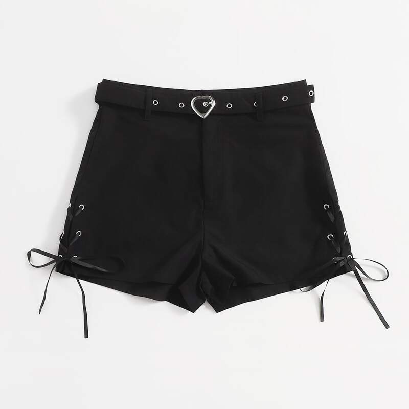 

Solid Grommet Eyelet Lace Up Shorts, Black