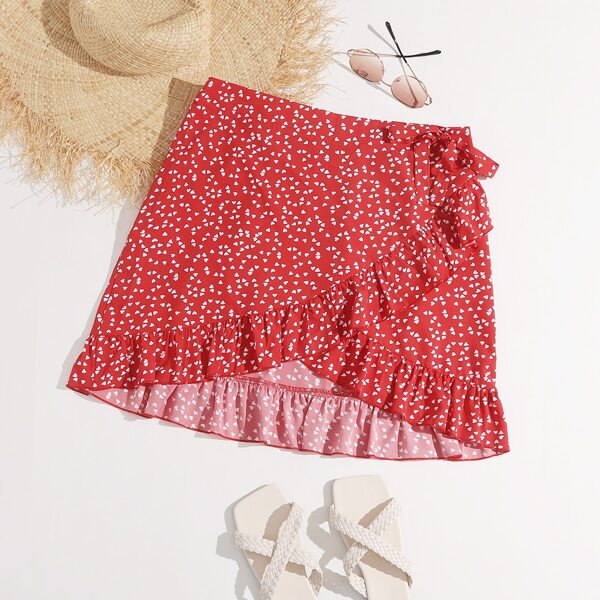

Plus All Over Heart Print Ruffle Hem Wrap Skirt, Burgundy