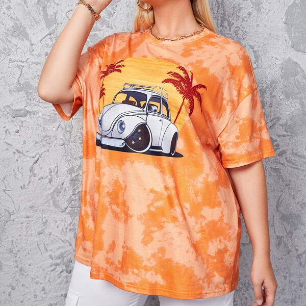

Plus Car & Palm Tree Print Tie Dye Tee, Orange