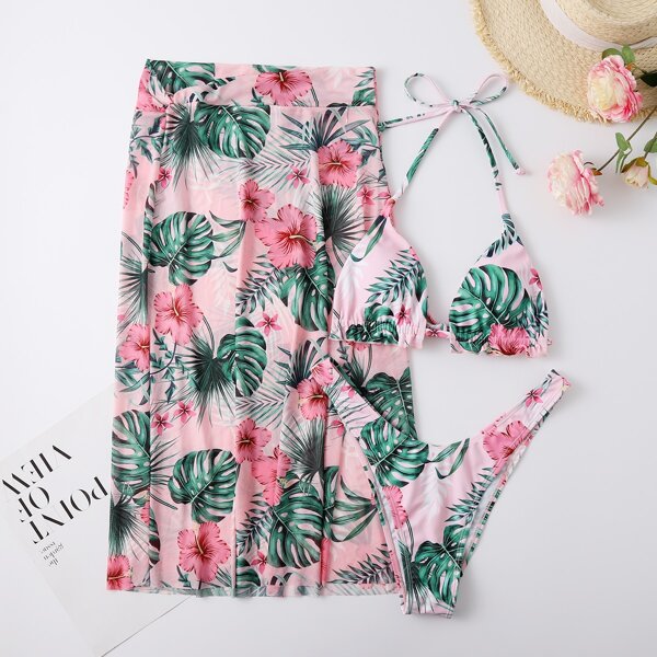 

3pack Tropical Triangle Bikini Swimsuit & Beach Skirt, Multicolor