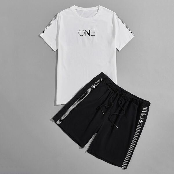 

Men Letter Graphic Tee & Track Shorts, Black and white