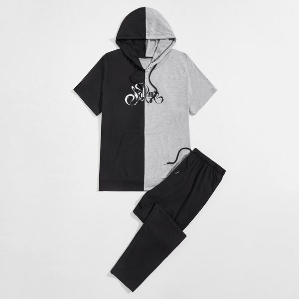 

Men Letter Graphic Kangaroo Pocket Color Block Drawstring Hoodie & Sweatpants, Multicolor