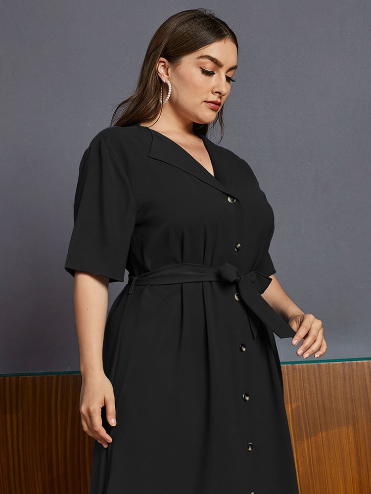 Mulvari Com cinto Botões na frente Simples ocasional Vestido de Tamanho Grande - Preto - Visão 5