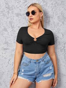 Plus Scoop Neck O-ring Detail Crop Tee - Black - View 5