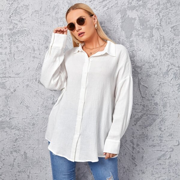 

Plus Solid Button Front Blouse, White