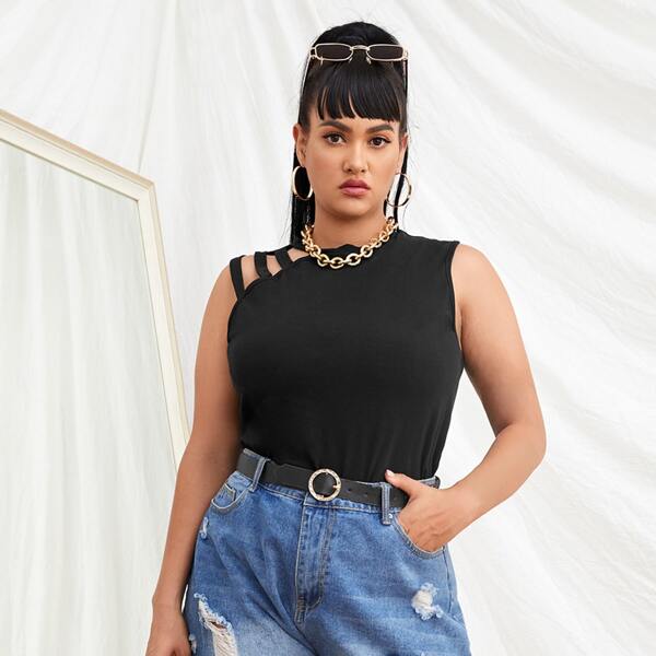 

Plus Solid Asymmetrical Shoulder Tank Top, Black