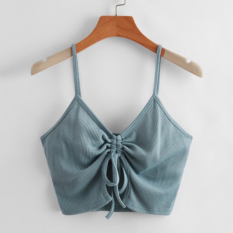 

Waffle Knit Drawstring Cami Top, Dusty blue