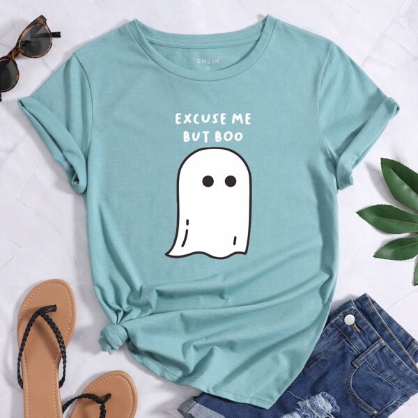 

Ghost And Slogan Graphic Tee, Cadet blue