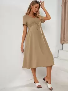 SHEIN Maternity Solid Drawstring Waist Dress - Khaki - View 1