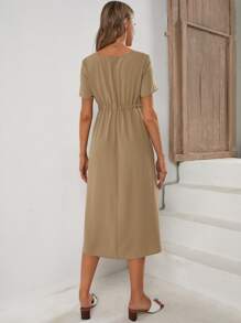 SHEIN Maternity Solid Drawstring Waist Dress - Khaki - View 2