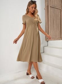 SHEIN Maternity Solid Drawstring Waist Dress - Khaki - View 3