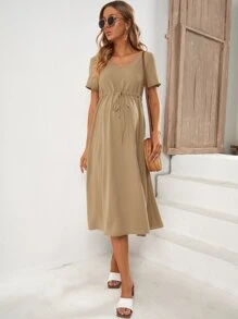 SHEIN Maternity Solid Drawstring Waist Dress - Khaki - View 4