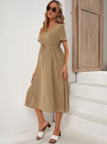 SHEIN Maternity Solid Drawstring Waist Dress - Khaki - View 5