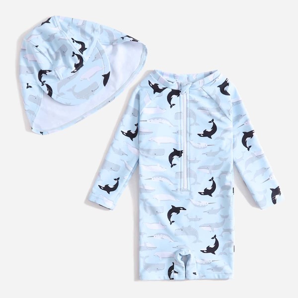 

Baby Whale Print One Piece Swimsuit With Hat, Multicolor