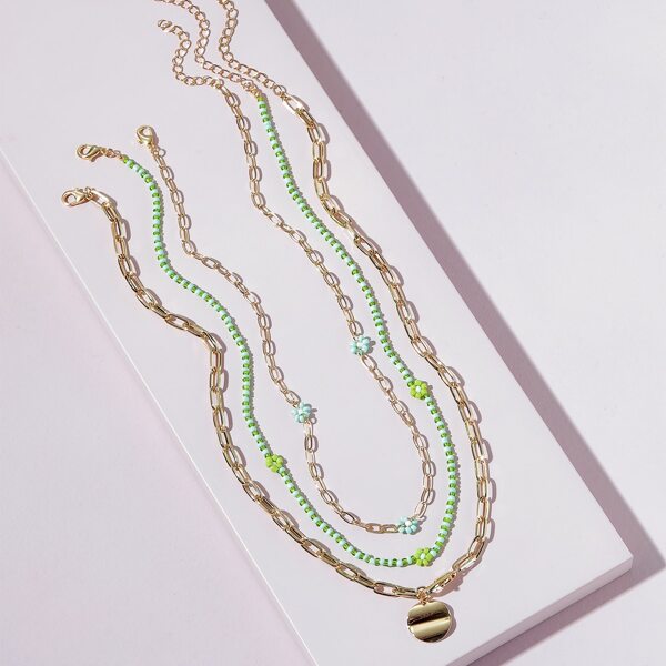 

3pcs Disc Charm Beaded Necklace, Green