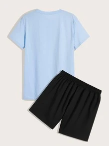 Manfinity Campus Court Aesthetic Post--Men Letter Graphic Tee & Drawstring Waist Shorts - Multicolor - View 2