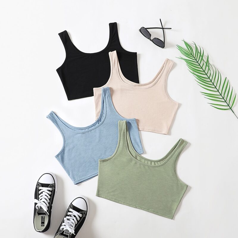

4pcs Solid Crop Sleep Tank Top, Multicolor
