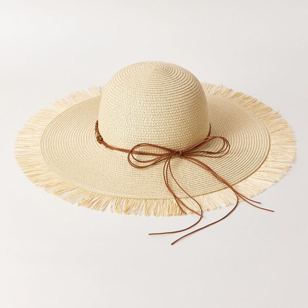 

Raw Hem Straw Hat, Beige