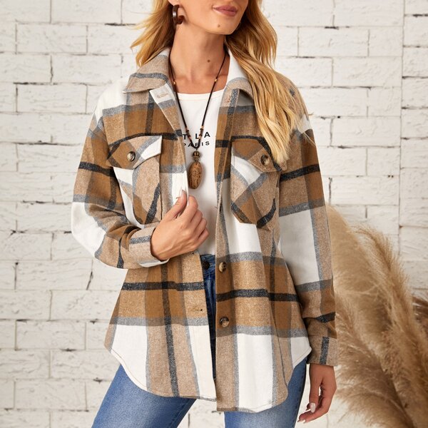 

Plaid Drop Shoulder Flap Pocket Button Front Tweed Jacket, Multicolor