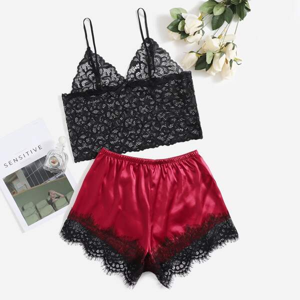 

2pcs Floral Lace Colorblock Night Set, Multicolor