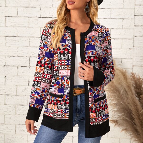 

Graphic Print Open Front Coat, Multicolor
